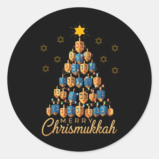 Pegatina Redonda Merry Chrismukkah Happy Chanukkah Dreidel Christma (Anverso)