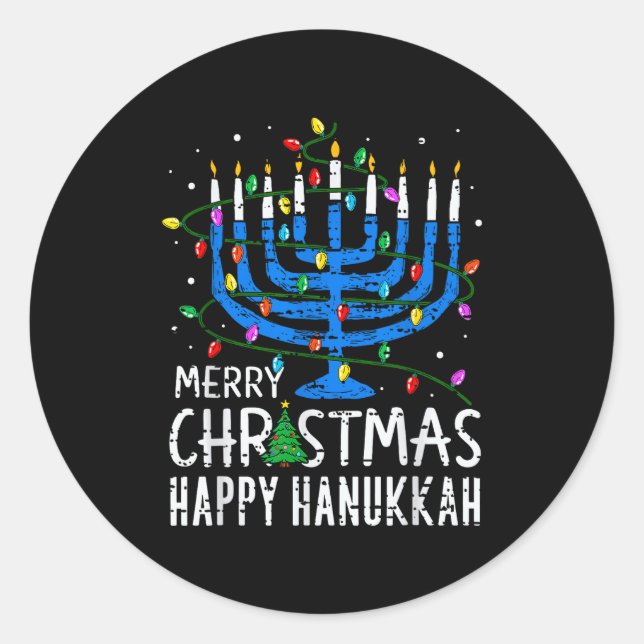 Pegatina Redonda Merry Chrismukkah Happy Christmas Hanukkah Chanuka (Anverso)