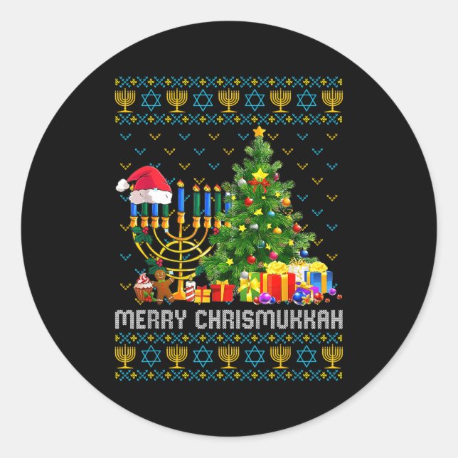 Pegatina Redonda Merry Chrismukkah Happy Hanukkah Ugly Sweater Fami (Anverso)