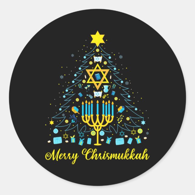 Pegatina Redonda Merry Chrismukkah Menorah Christmas Tree Chanukah (Anverso)
