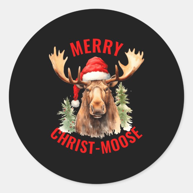 Pegatina Redonda Merry Christ Moose Funny Christmas Moose  (Anverso)