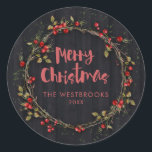 Pegatina Redonda Merry Christmas Berry Wreath<br><div class="desc">Palas adhesivas para Navidad</div>