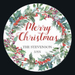 Pegatina Redonda Merry Christmas berry wreath evergreen round label<br><div class="desc">Merry Christmas berry wreath evergreen round label</div>