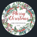 Pegatina Redonda Merry Christmas berry wreath evergreen round label<br><div class="desc">Merry Christmas berry wreath evergreen round label</div>