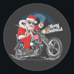 Pegatina Redonda Merry Christmas Biker Santa<br><div class="desc">Feliz Navidad Biker Santa Clásico Pegatina Redondo Haga su palo de estilo único creando pegatinas personalizados para cada ocasión! Puedes usarlas para un envío especial,  para manualidades infantiles u otros proyectos artísticos. ¡Estas pegatinas tienen infinidad de usos! Personalízalo con tus propios diseños,  patrones,  imágenes y texto.</div>