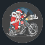 Pegatina Redonda Merry Christmas Biker Santa<br><div class="desc">Feliz Navidad Biker Santa Clásico Pegatina Redondo Haga su palo de estilo único creando pegatinas personalizados para cada ocasión! Puedes usarlas para un envío especial,  para manualidades infantiles u otros proyectos artísticos. ¡Estas pegatinas tienen infinidad de usos! Personalízalo con tus propios diseños,  patrones,  imágenes y texto.</div>