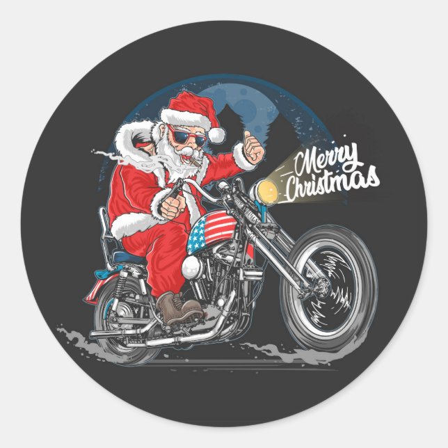 Pegatina Redonda Merry Christmas Biker Santa (Anverso)