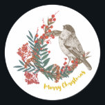Pegatina Redonda Merry Christmas Bird Wreath<br><div class="desc">Elegante y artístico diseño de avenidas para regalos de Navidades.</div>