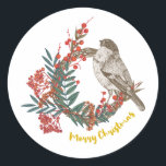 Pegatina Redonda Merry Christmas Bird Wreath<br><div class="desc">Elegante y artístico diseño de avenidas para regalos de Navidades.</div>