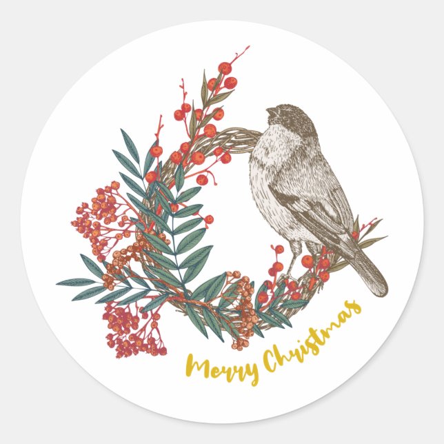 Pegatina Redonda Merry Christmas Bird Wreath (Anverso)