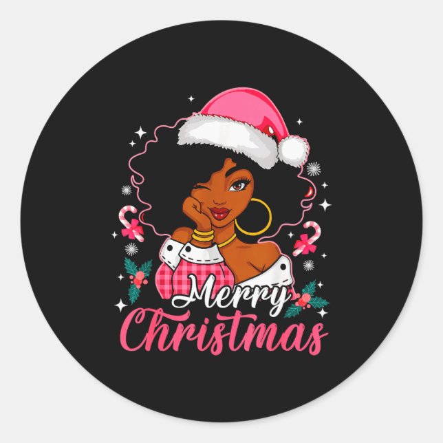 Pegatina Redonda Merry Christmas Black Afro African American Girl S (Anverso)