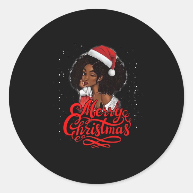 Pegatina Redonda Merry Christmas Black Woman Santa Hat Funny Xmas P (Anverso)