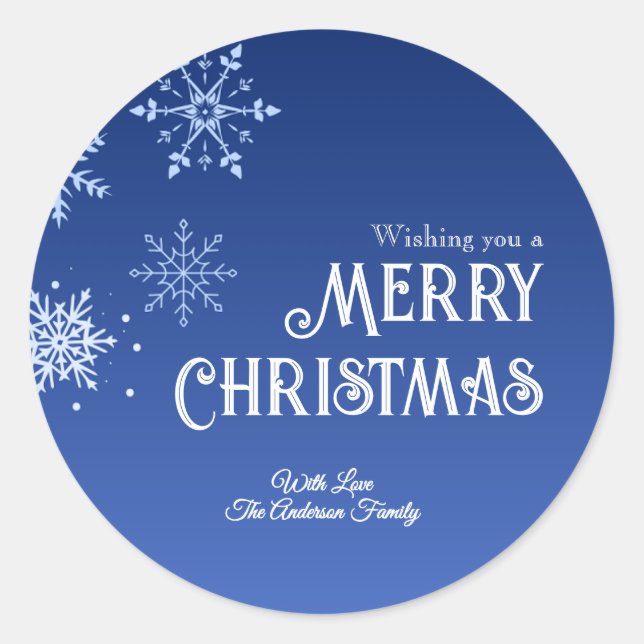 Pegatina Redonda Merry Christmas Blue Modern Snowflake (Anverso)