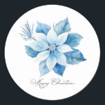 Pegatina Redonda Merry Christmas Blue Poinsettia Gift Tag<br><div class="desc">Diseño de poinsettia azul de Feliz Navidad</div>