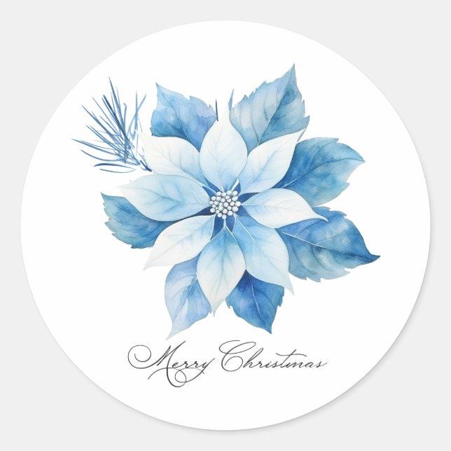 Pegatina Redonda Merry Christmas Blue Poinsettia Gift Tag (Anverso)