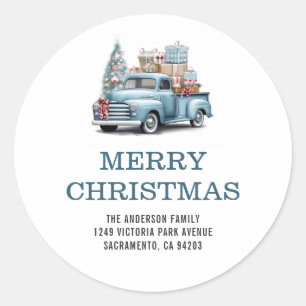 Pegatina Redonda Merry Christmas Blue Truck Family Return Address
