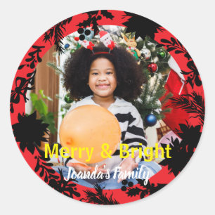 Pegatina Redonda Merry Christmas Bright Red Black Photo