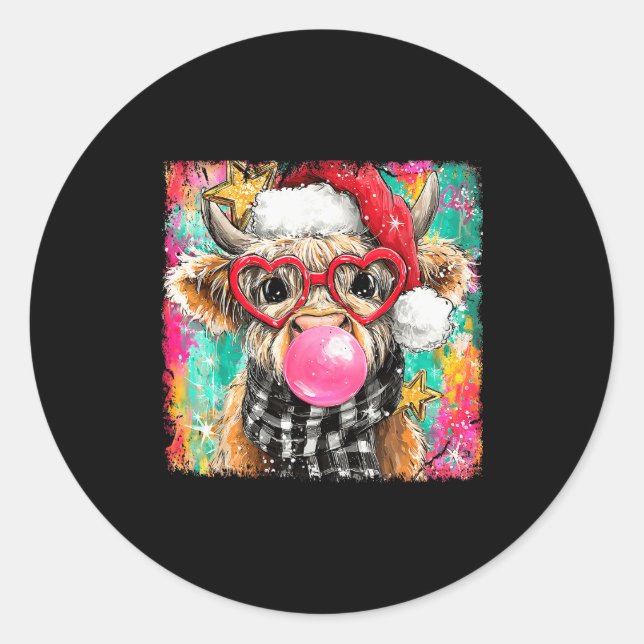 Pegatina Redonda Merry Christmas Bubble Gum Xmas Highland Cow Heife (Anverso)