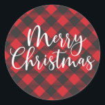 Pegatina Redonda Merry Christmas Buffalo Plaid<br><div class="desc">Un adorable búfalo rojo y negro machaca la pegatina navideña para tus tarjetas,  dulces y regalos de Navidad. Diseñado para ti por Blackberry Boulevard.</div>