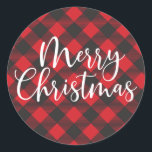 Pegatina Redonda Merry Christmas Buffalo Plaid<br><div class="desc">Un adorable búfalo rojo y negro machaca la pegatina navideña para tus tarjetas,  dulces y regalos de Navidad. Diseñado para ti por Blackberry Boulevard.</div>