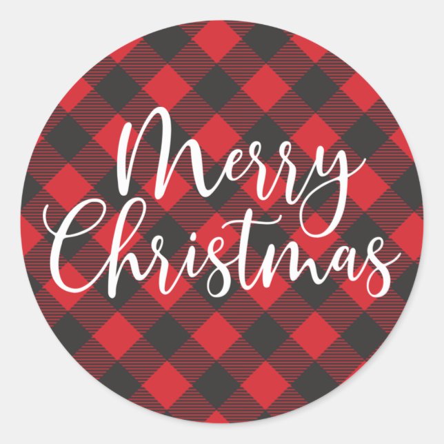 Pegatina Redonda Merry Christmas Buffalo Plaid (Anverso)