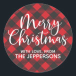 Pegatina Redonda Merry Christmas Buffalo Plaid<br><div class="desc">Personalice esta pegatina de Navidad roja y negra de búfalo para sus obsequios y regalos de Navidad. Diseñado para ti por Blackberry Boulevard.</div>