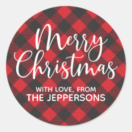 Pegatina Redonda Merry Christmas Buffalo Plaid