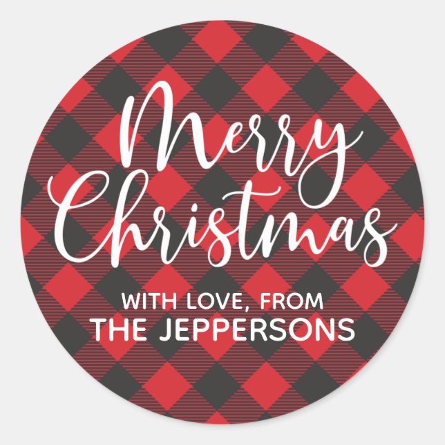 Pegatina Redonda Merry Christmas Buffalo Plaid (Anverso)