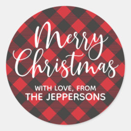Pegatina Redonda Merry Christmas Buffalo Plaid