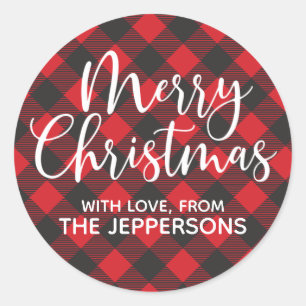 Pegatina Redonda Merry Christmas Buffalo Plaid