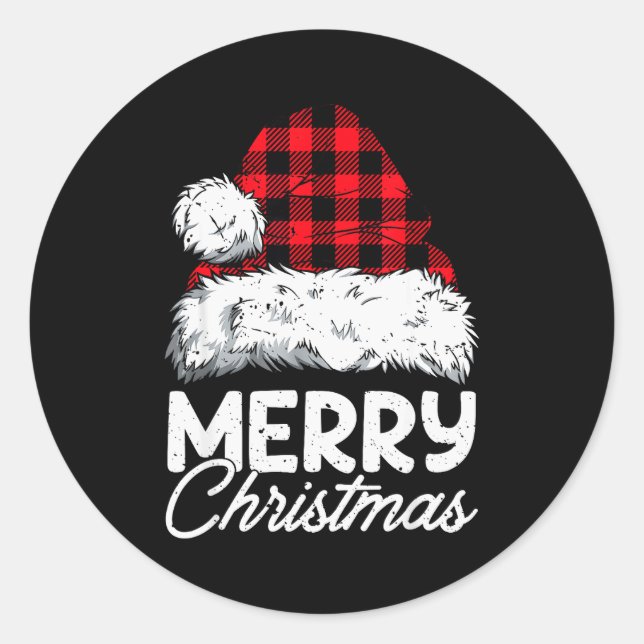 Pegatina Redonda Merry Christmas Buffalo Plaid Red Santa Hat Xmas P (Anverso)