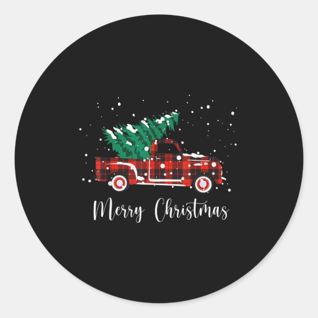 Pegatina Redonda Merry Christmas Buffalo Truck Tree Red Plaid  (Anverso)