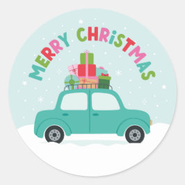 Pegatina Redonda Merry Christmas Car with Gifts in Aqua Blue