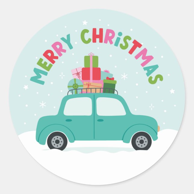 Pegatina Redonda Merry Christmas Car with Gifts in Aqua Blue (Anverso)