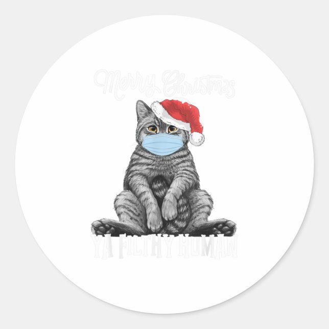 Pegatina Redonda Merry Christmas Cat Face Mask Kitten Santa (Anverso)