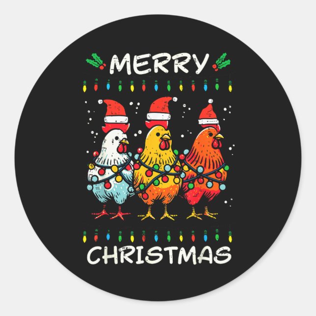 Pegatina Redonda Merry Christmas Chickens Santa Xmas Farming Men Wo (Anverso)