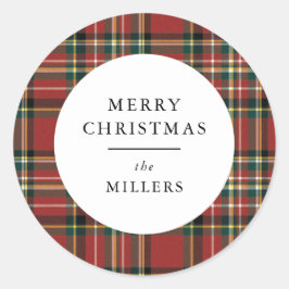 Pegatina Redonda Merry Christmas Classic Red Plaid Gift Sticker