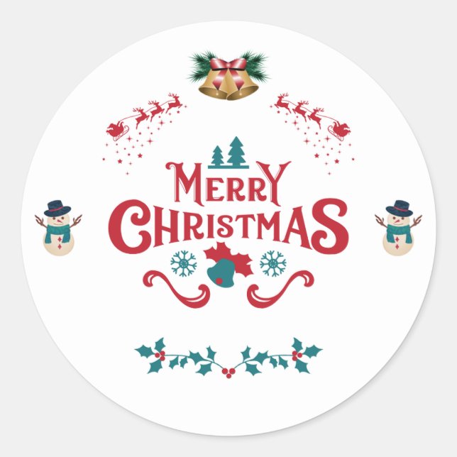 Pegatina Redonda Merry Christmas Classic Reindeer Snowman Sticker (Anverso)