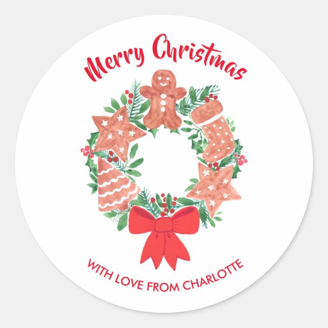 Pegatina Redonda Merry Christmas Cookie Wreath Custom Name (Anverso)
