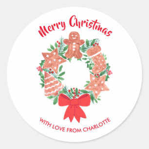 Pegatina Redonda Merry Christmas Cookie Wreath Custom Name