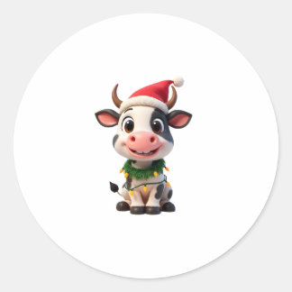 Pegatina Redonda Merry Christmas Cow Santa Christmas Lights Cow Xma