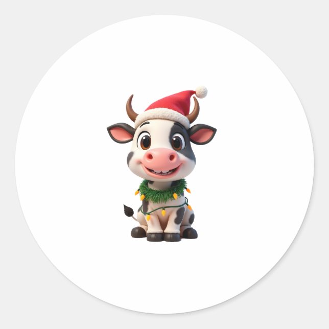 Pegatina Redonda Merry Christmas Cow Santa Christmas Lights Cow Xma (Anverso)
