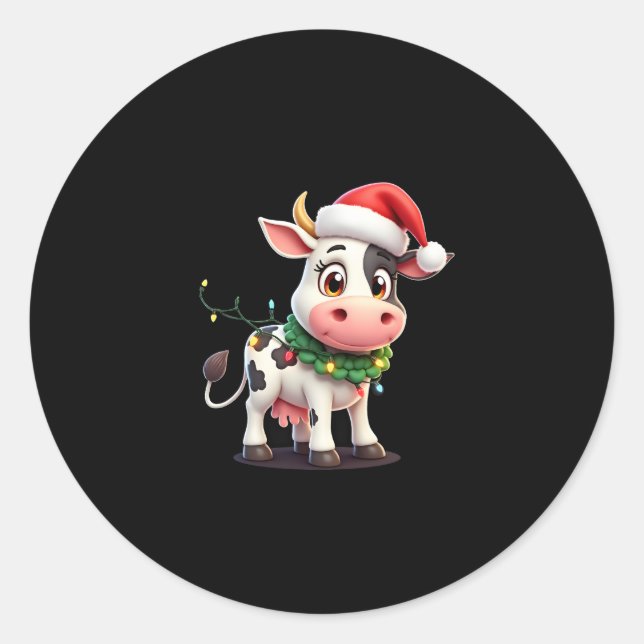 Pegatina Redonda Merry Christmas Cow Santa Christmas Lights Cow Xma (Anverso)