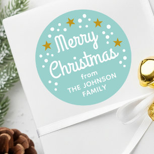 Pegatina Redonda Merry Christmas Custom Name Simple Mint Blue-Green