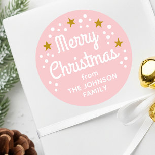Pegatina Redonda Merry Christmas Custom Name Simple Pink