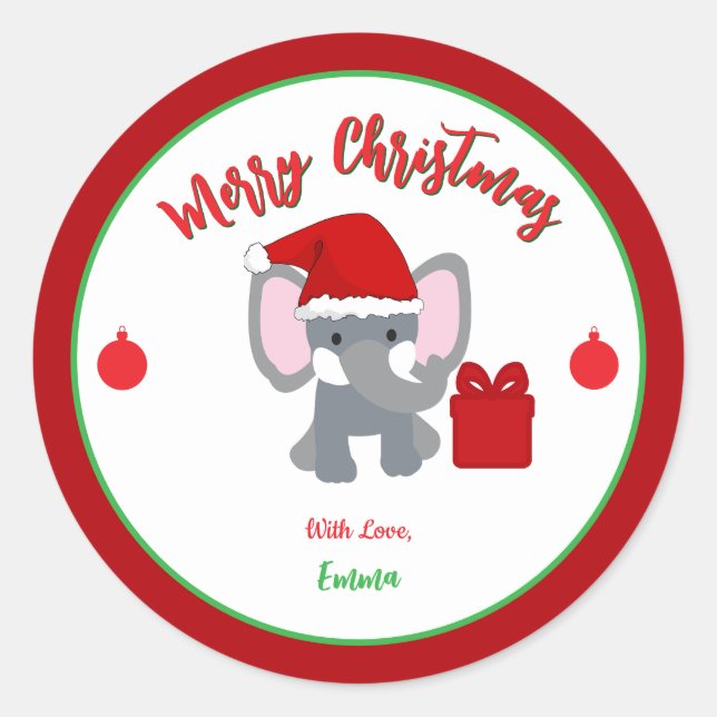 Pegatina Redonda Merry Christmas Cute Baby Elephant Nombre personal (Anverso)