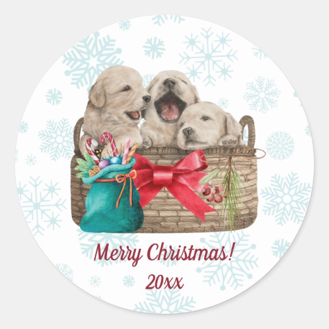 Pegatina Redonda Merry Christmas Cute Golden Retriever Cuppies (Anverso)