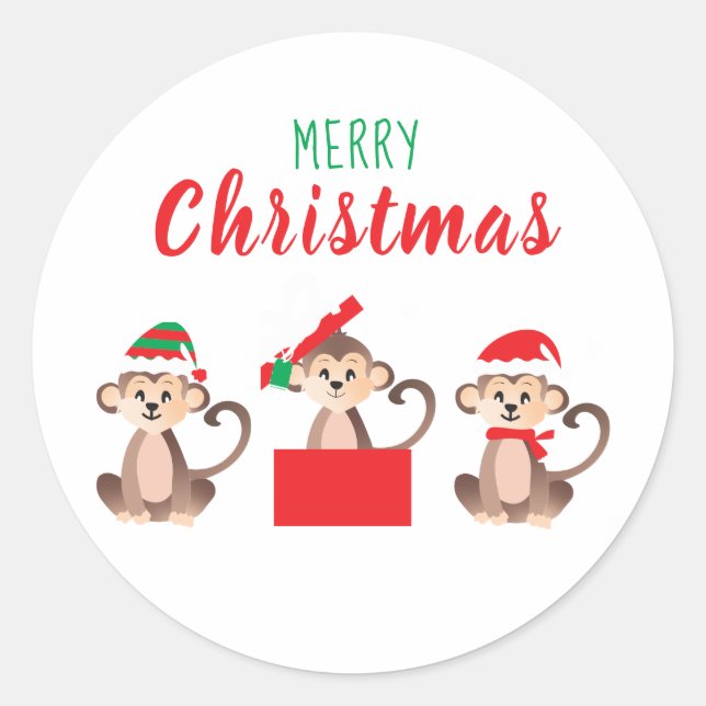 Pegatina Redonda Merry Christmas Cute Monkeys Navidades Gorras (Anverso)