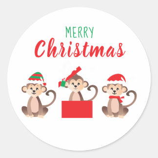 Pegatina Redonda Merry Christmas Cute Monkeys Navidades Gorras