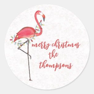 Pegatina Redonda Merry Christmas Cute Pink Flamingo String Luces